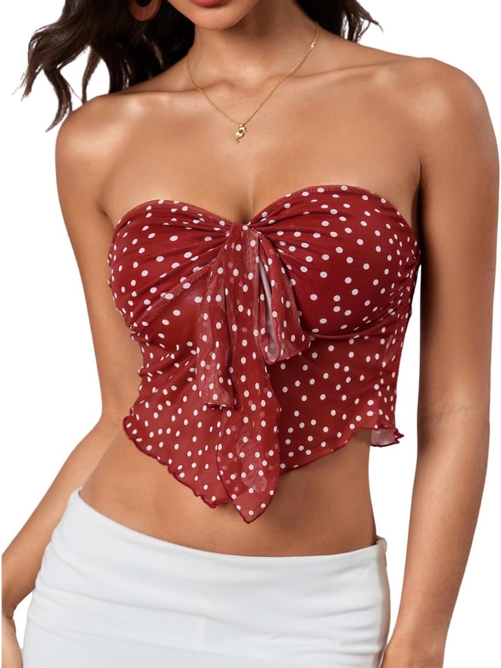 Polka Dot Strapless Tie-Front Camisole - Red